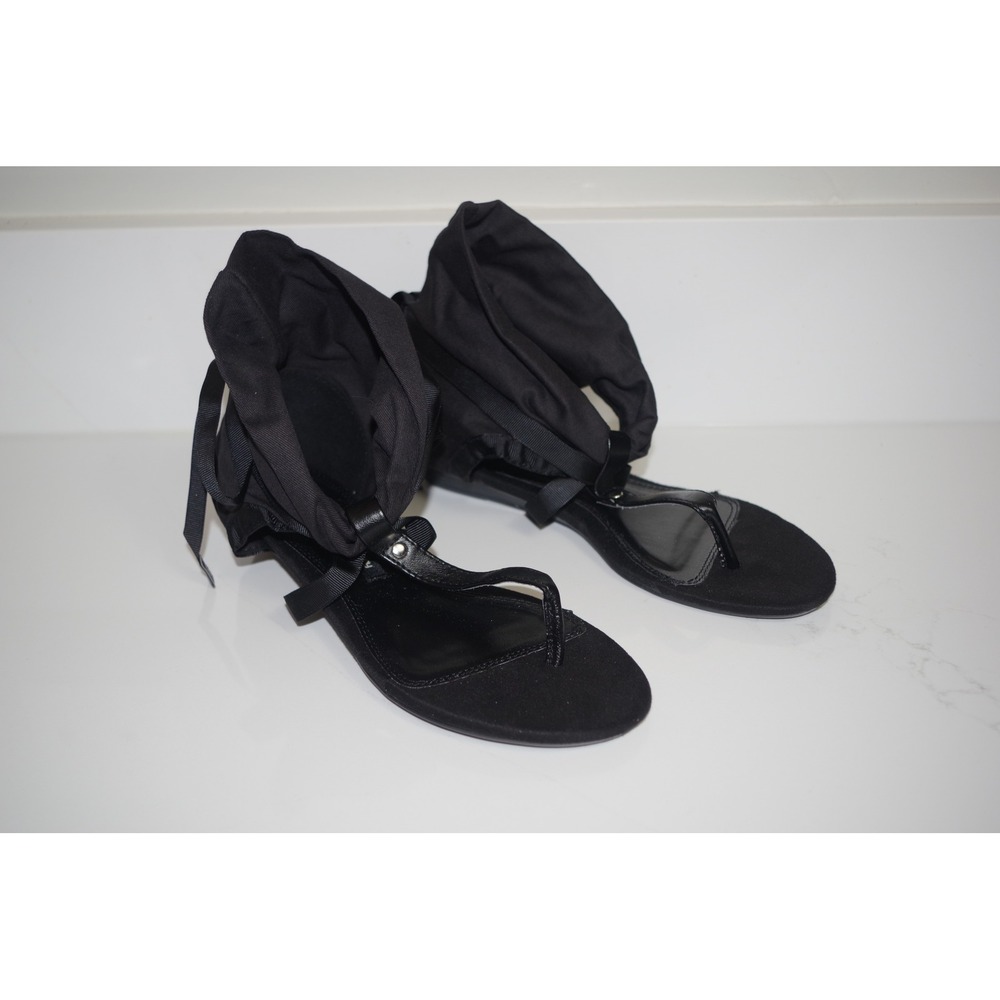 Chinese Laundry Z-Sudoku Black Fabric Ankle Wrap Thong Wedge Sandals Womens 7.5M